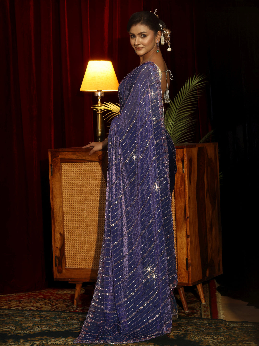 Libas Art Purple Sequin Embellished Tissue Saree 