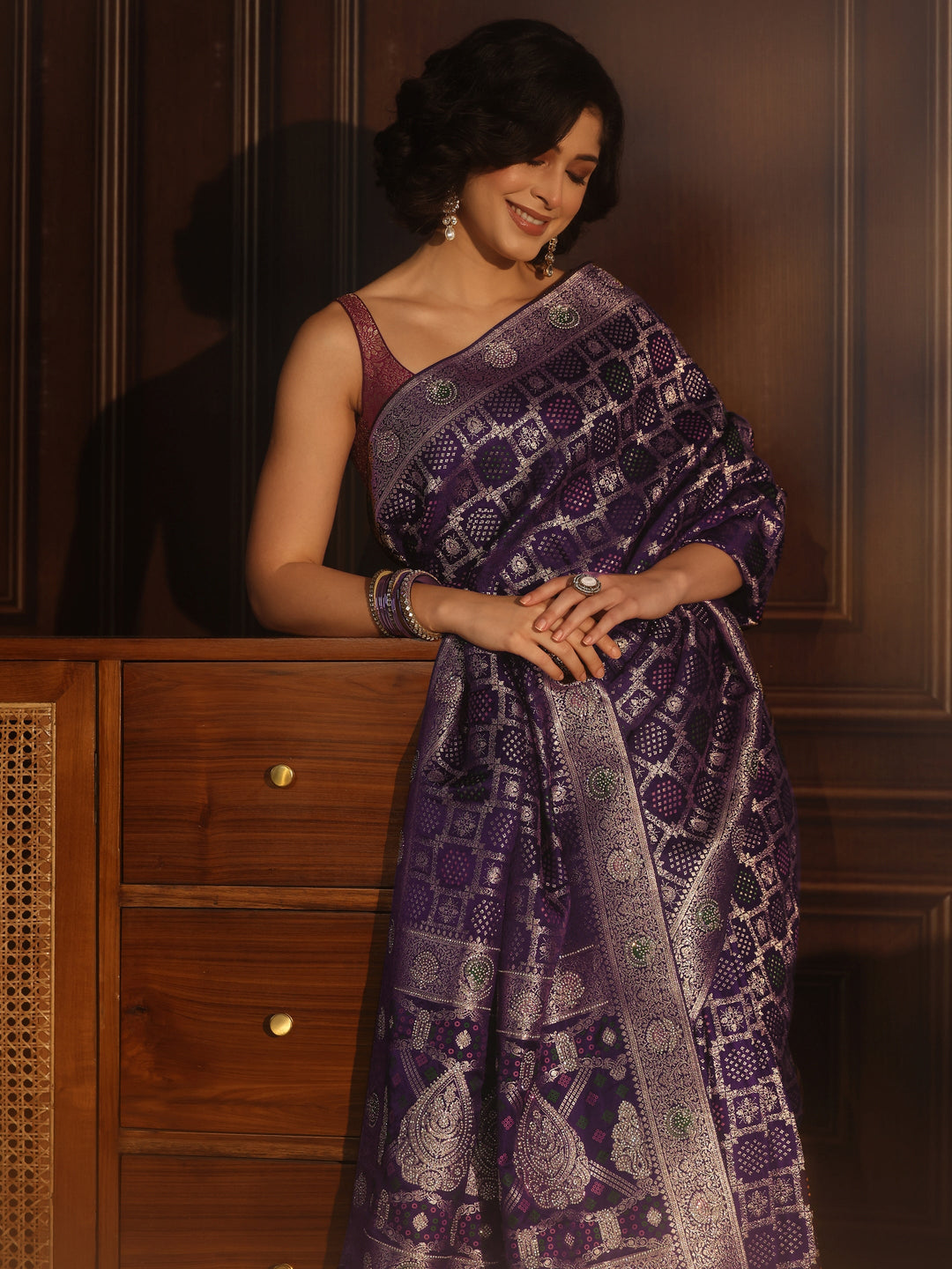 Libas Art Purple Stone Work Embellished Satin Saree