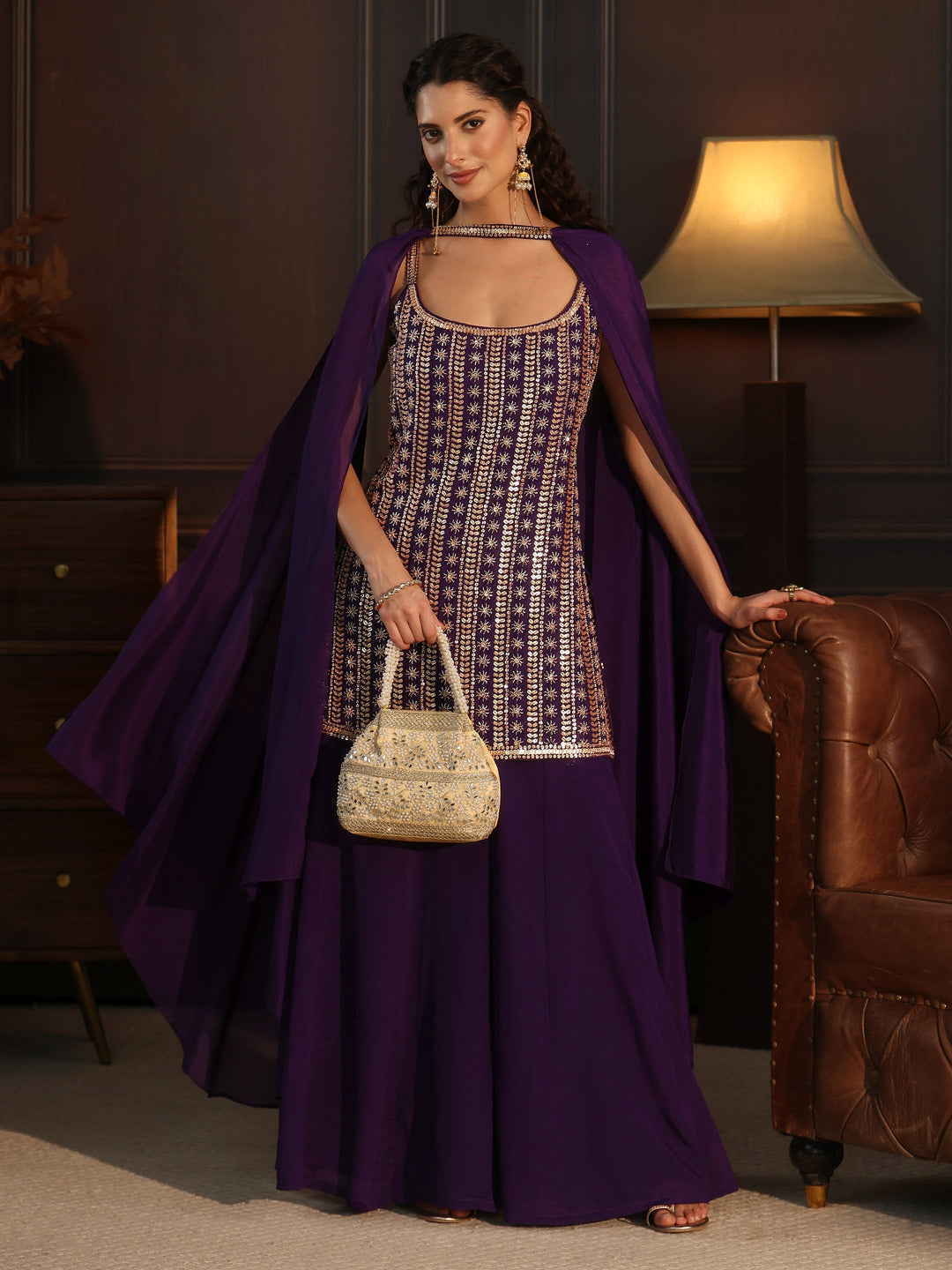  Libas Art Purple Strappy Embellished Chinon Palazzo Suit Set 