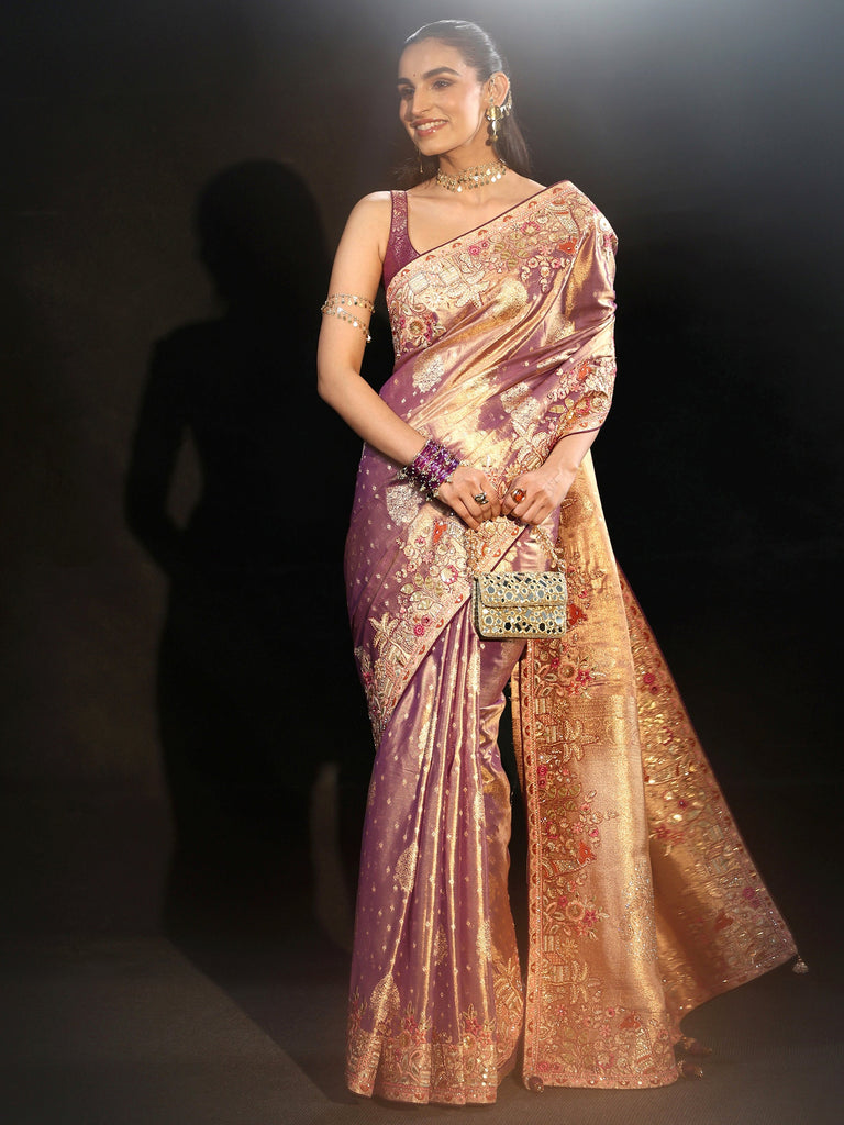 Libas Art Purple Woven Design Silk Blend Saree with Embroidered Border
