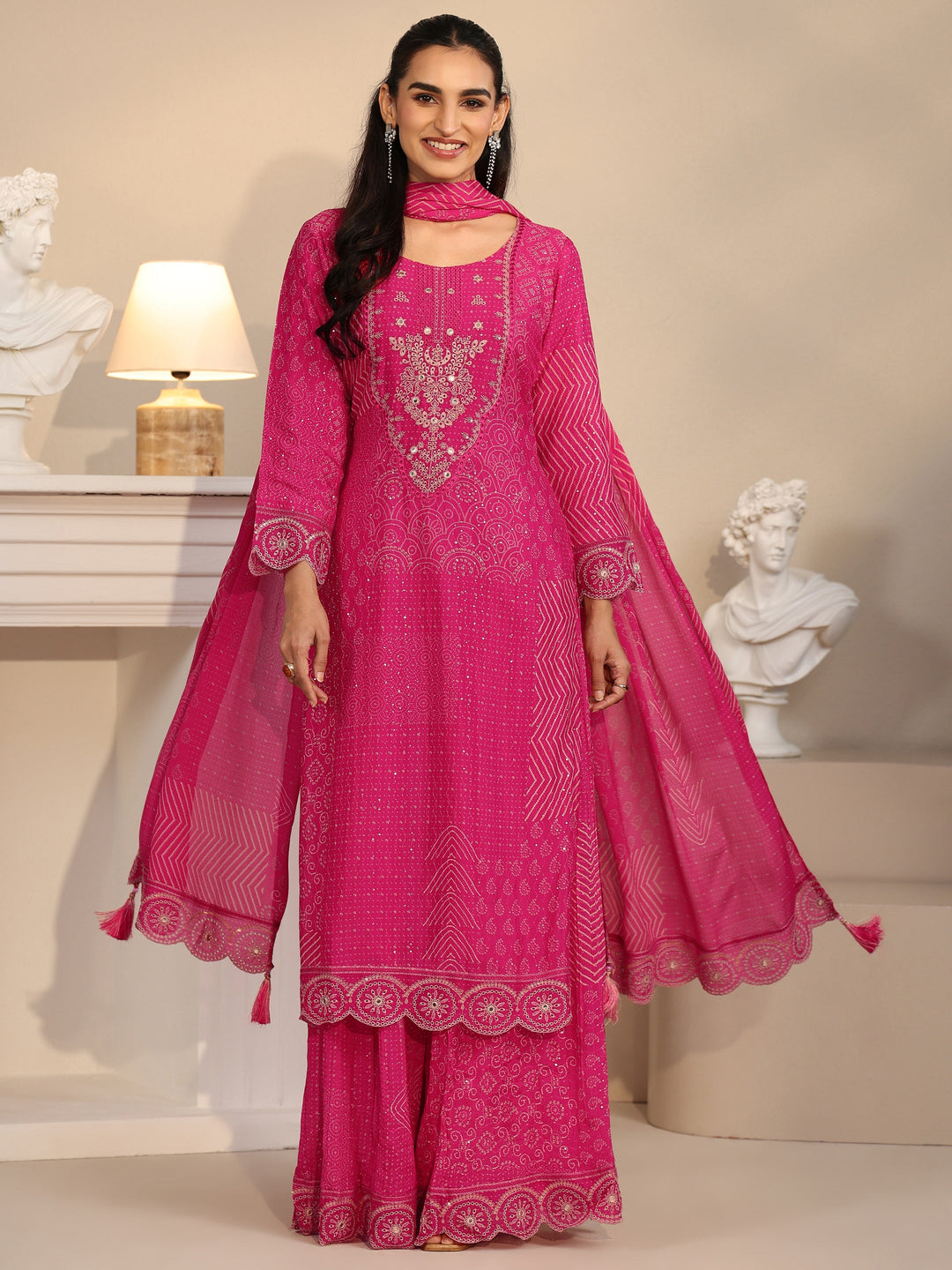  Libas Art Rani Pink Bandhani Printed Chinon Palazzo Suit Set 