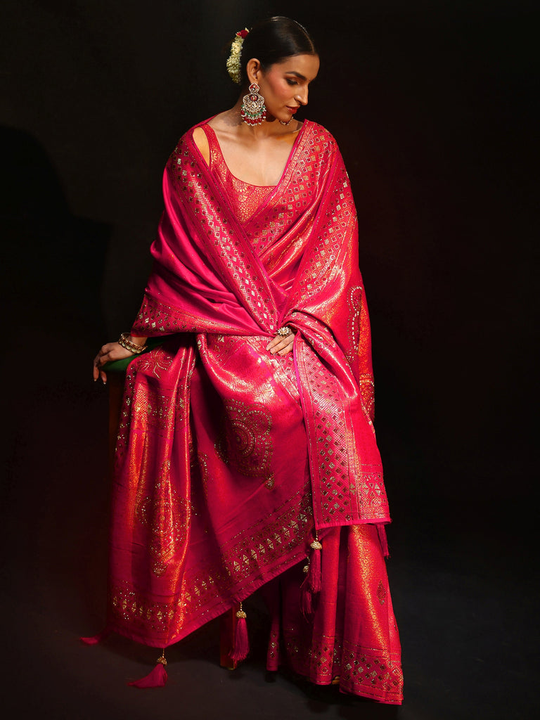 Libas Art Rani Pink Embellished Banarasi Silk Blend Saree with Dupatta