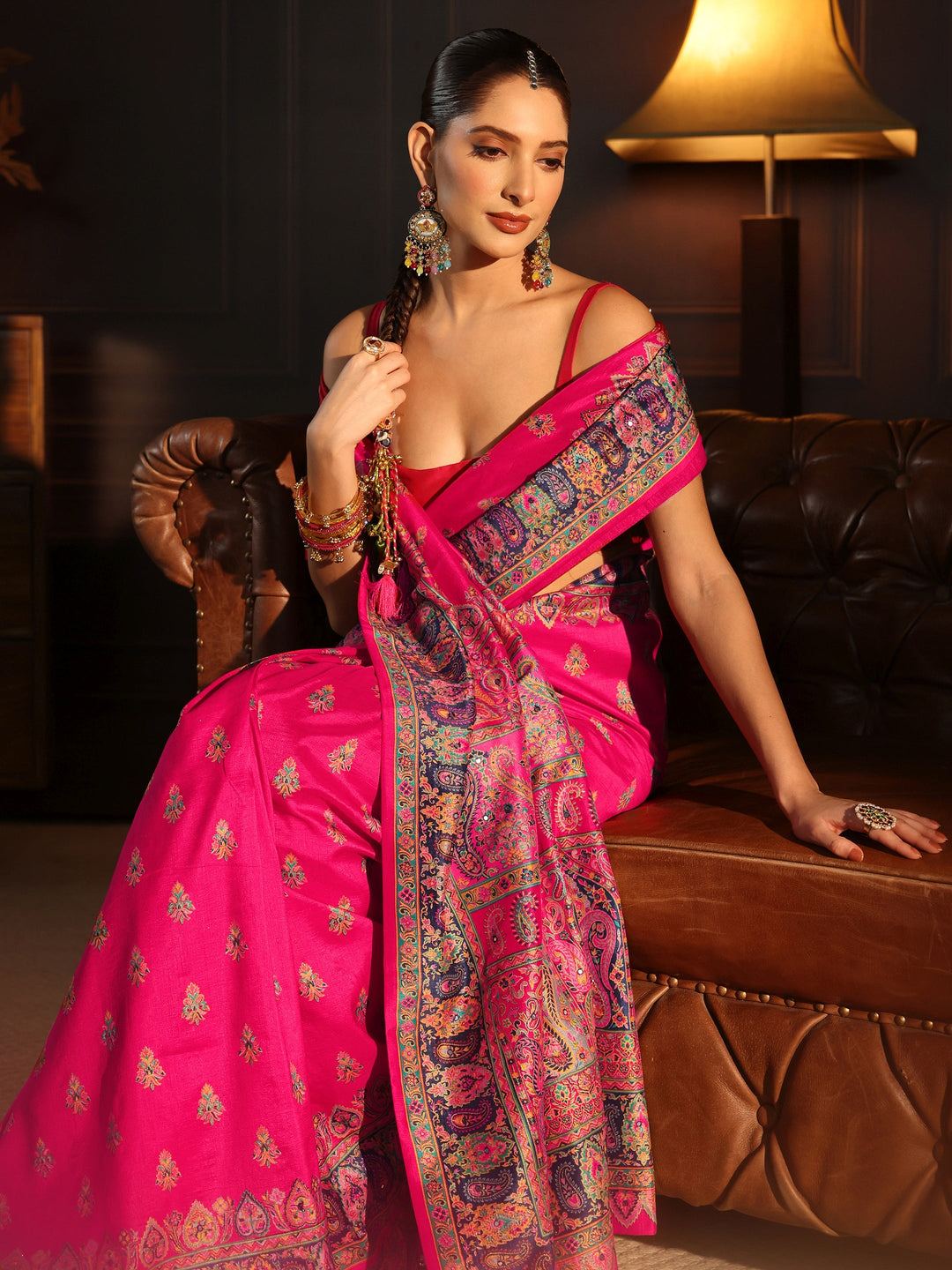 Libas Art Rani Pink Ethnic Printed Silk Blend Saree with Mirror Work