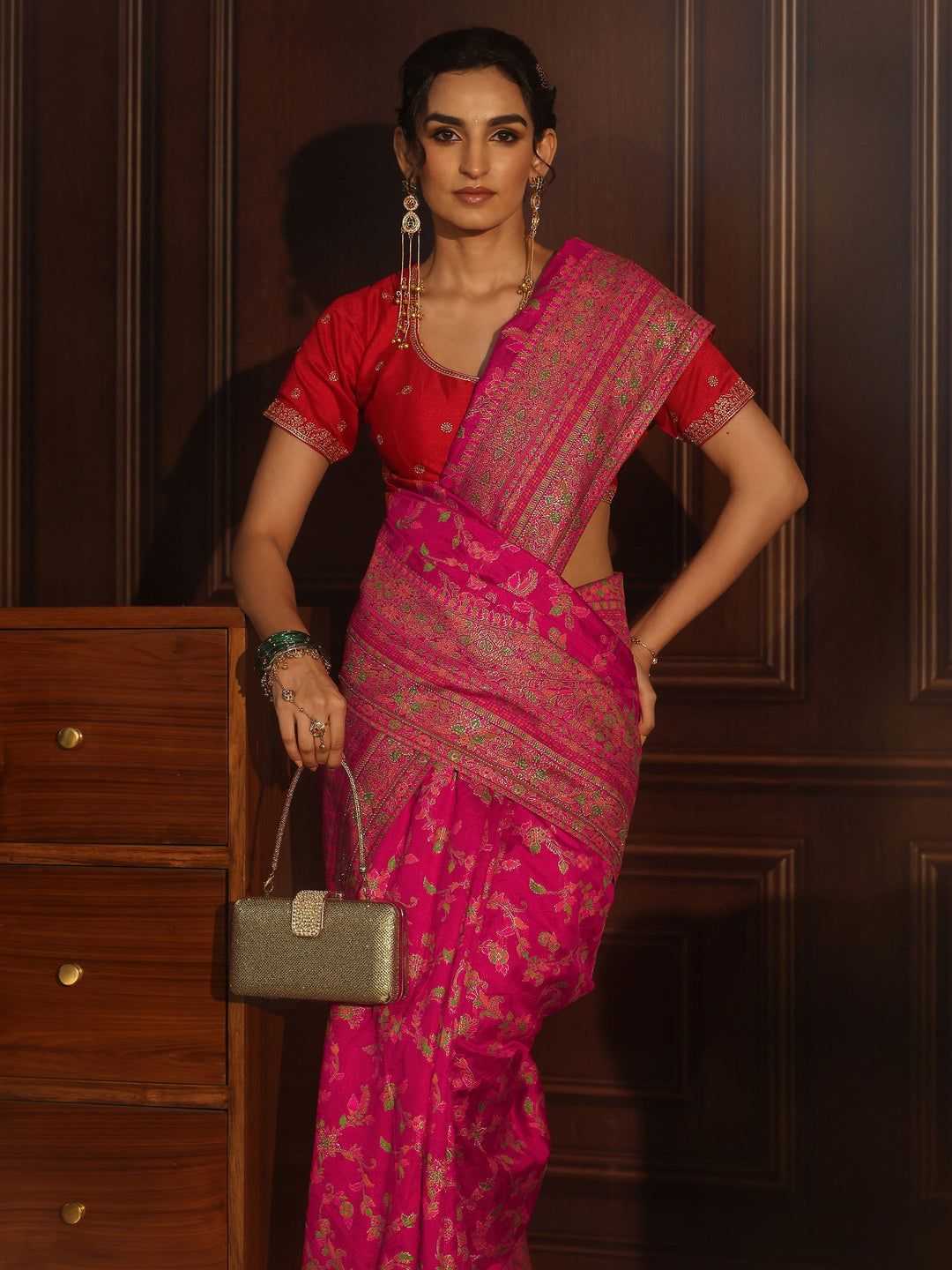 Libas Art Rani Pink Floral Design Embellished Silk Blend Saree