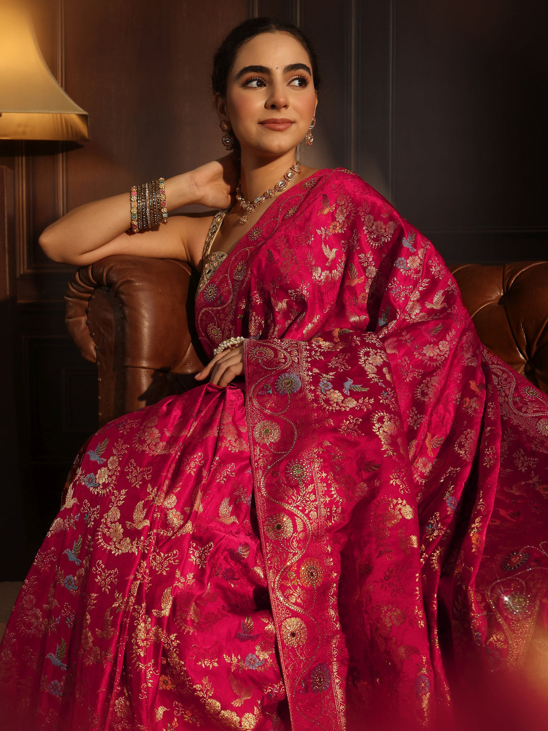 Libas Art Rani Pink Floral Woven Design Satin Saree
