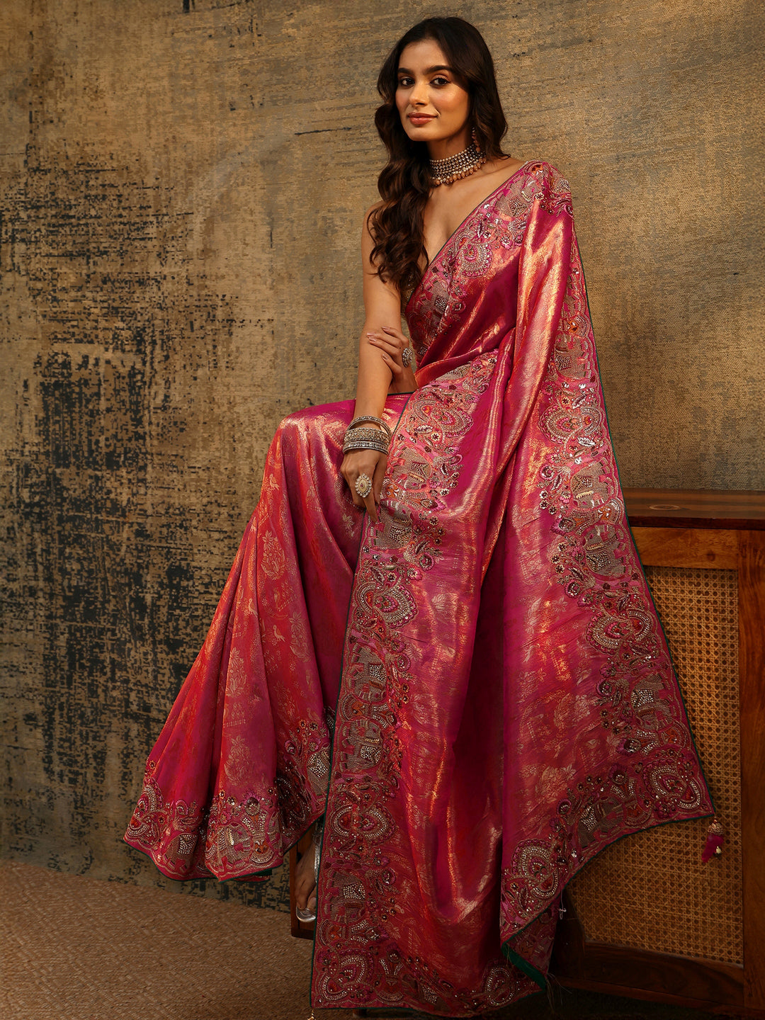  Libas Art Rani Pink Floral Woven Saree with Embellished Saree 