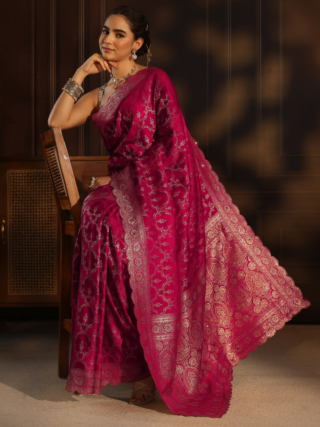 Libas Art Rani Pink Woven Design Satin Saree with Scalloped Border