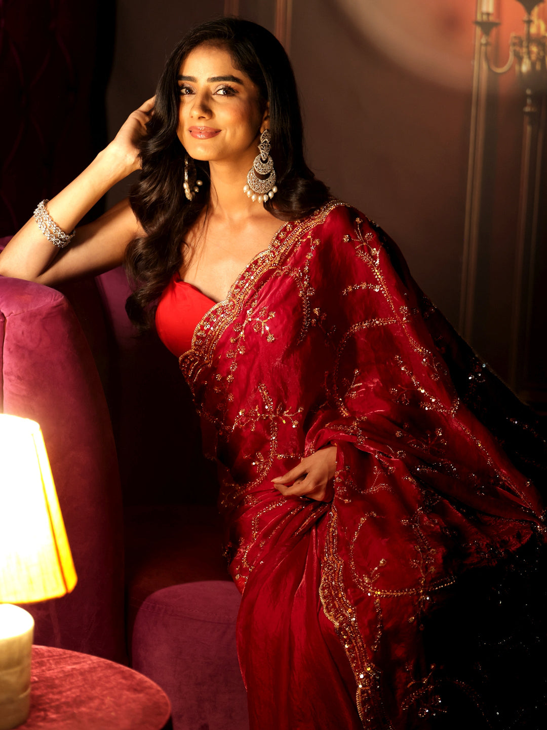  Libas Art Raspberry Pink Embellished Tissue Saree 