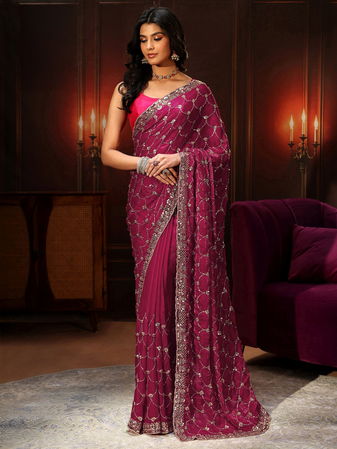  Libas Art Raspberry Pink Embellished Tissue Saree 