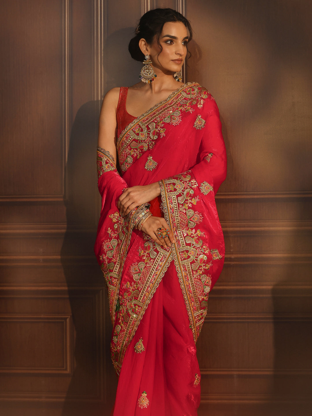Libas Art Red Ethnic Embroidered Tissue Saree