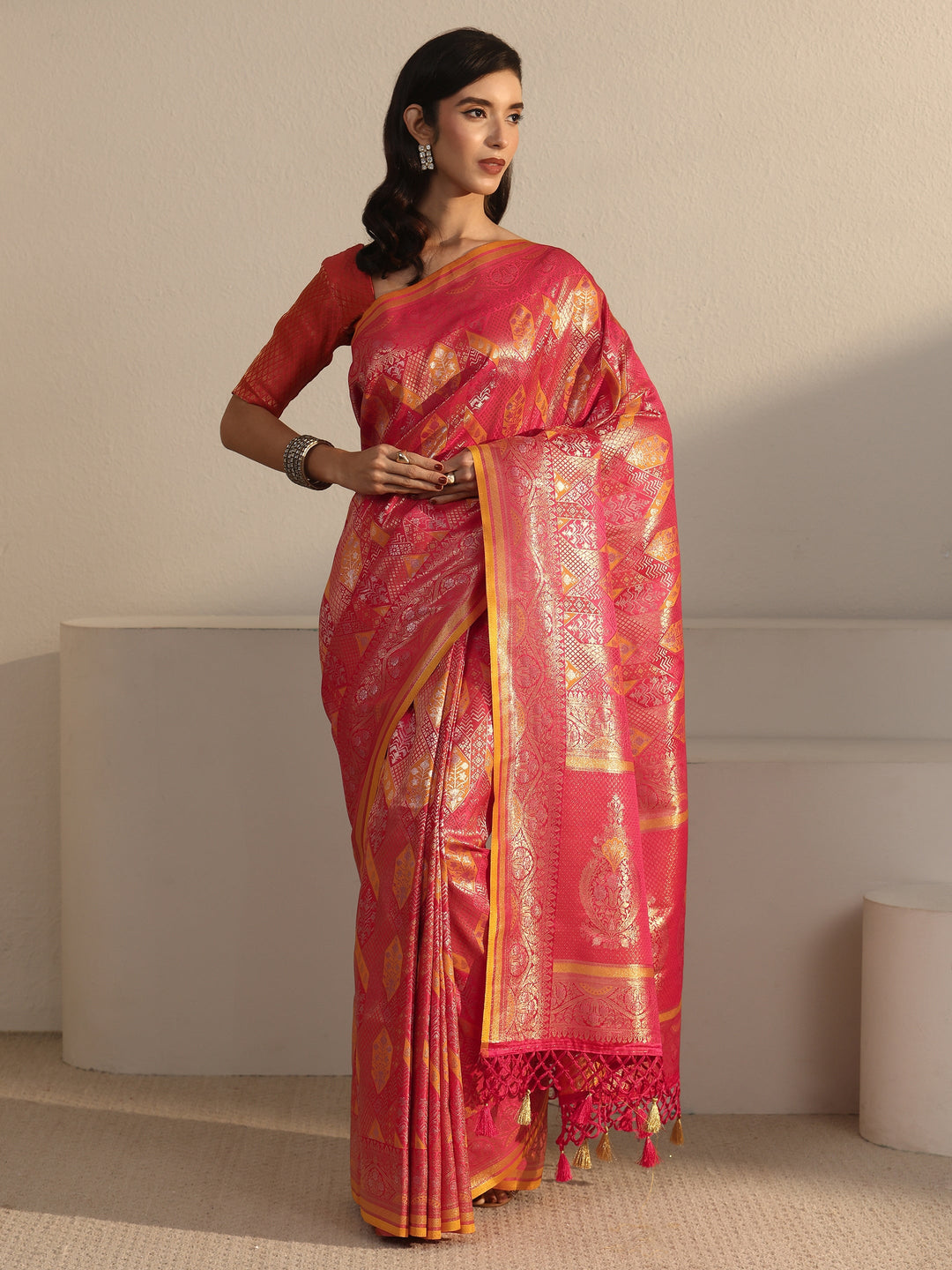 Libas Art Red Ethnic Woven Design Silk Blend Tassel Saree