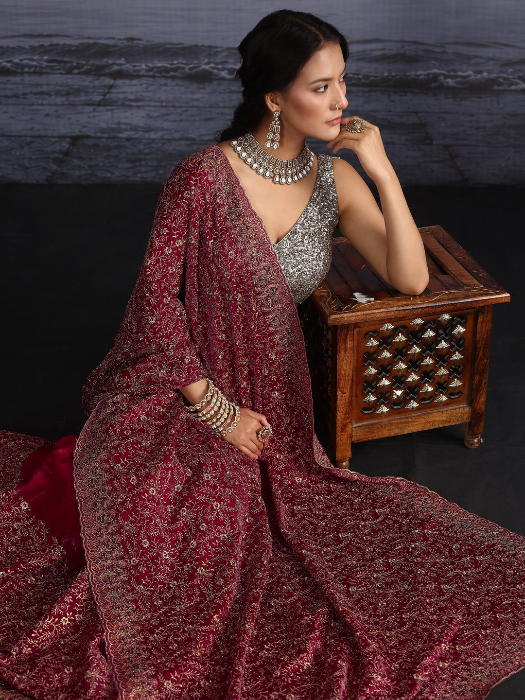  Libas Art Red Floral Embroidered Tissue Saree with Scalloped Border 