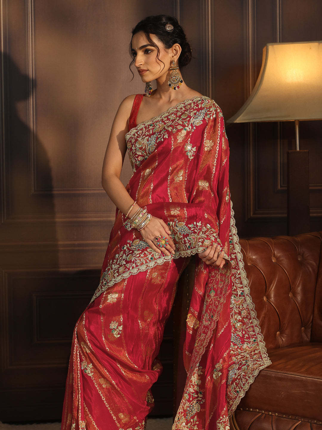 Libas Art Red Floral Stone Work Embellished Silk Blend Saree