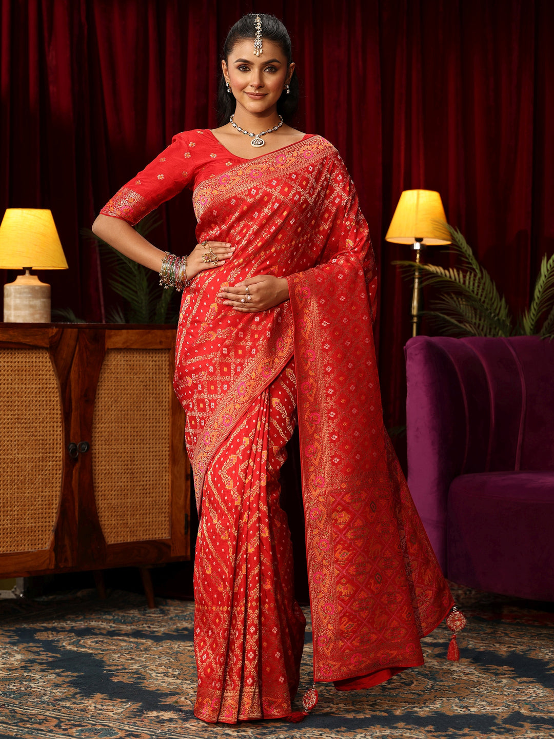  Libas Art Red Gharchola Silk Blendd Saree with Patola Pallu 