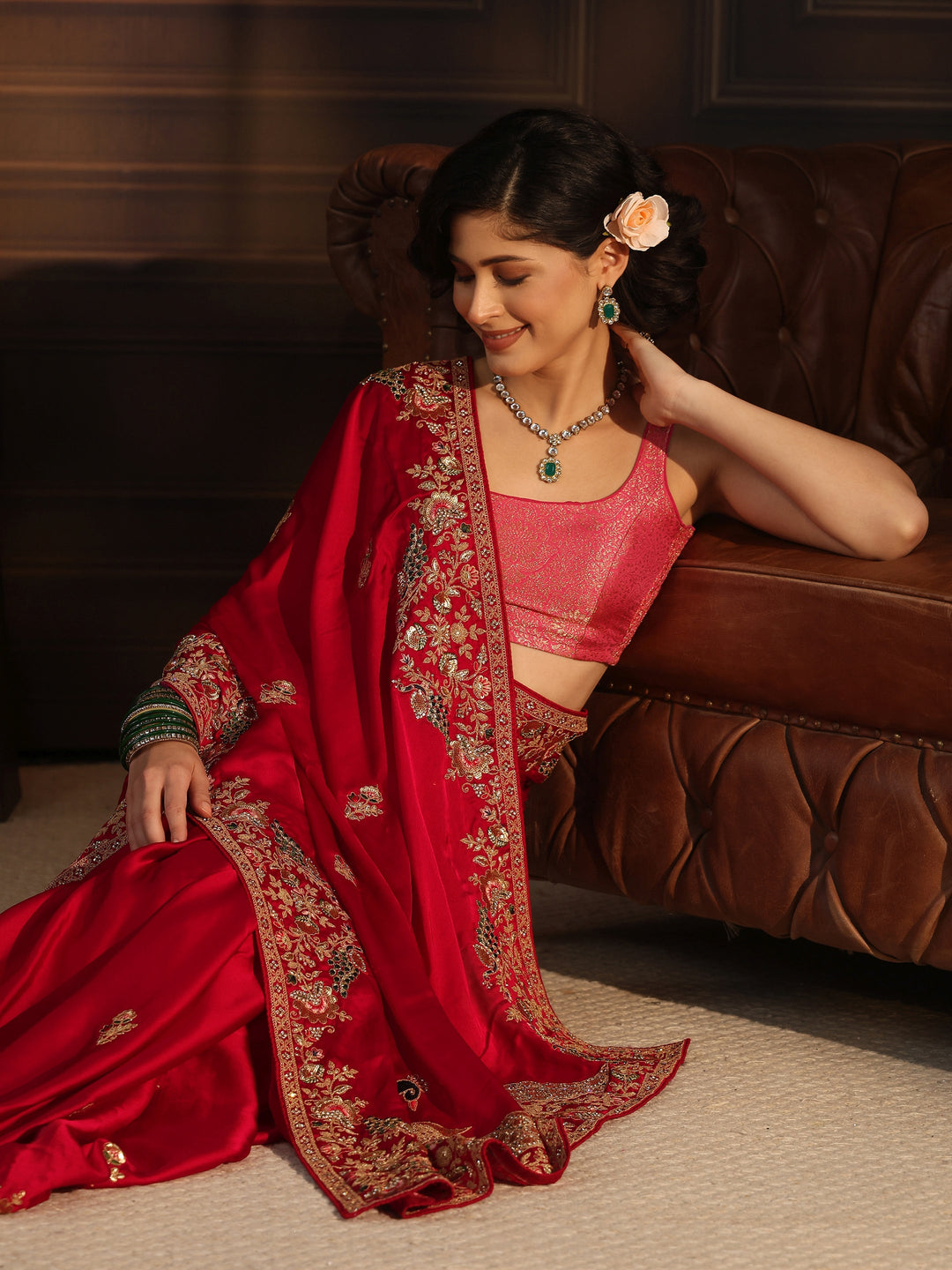 Libas Art Red Satin Saree with Embellished Border