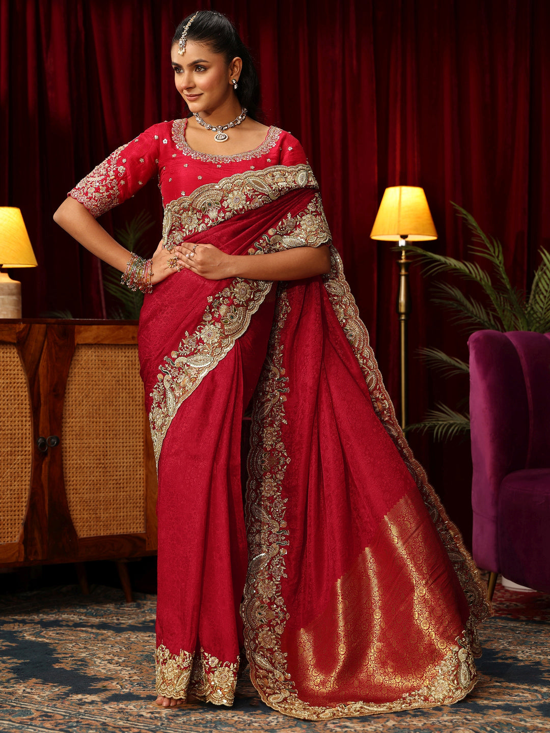  Libas Art Red Silk Blend Saree with Zari and Sequin Embellished Border 