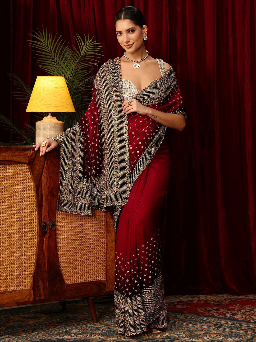  Libas Art Red Stone Work Embellished Tissue Saree 