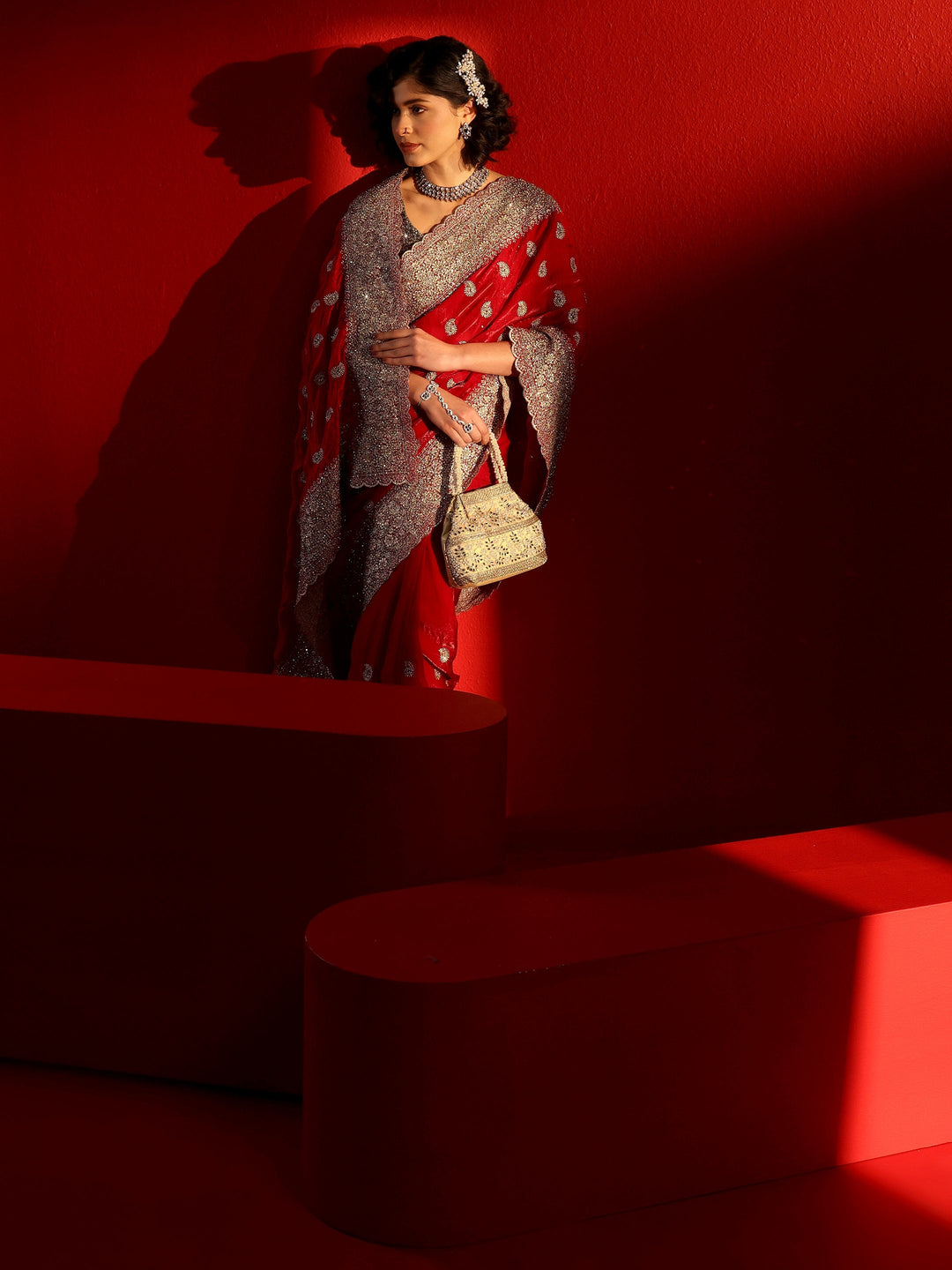  Libas Art Red Stone Work Embellished Tissue Saree 