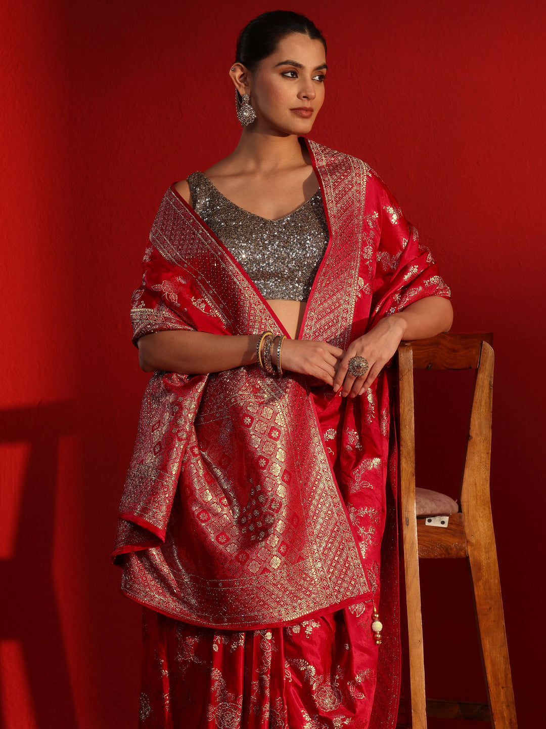  Libas Art Red Woven Design Stone Work Satin Saree 