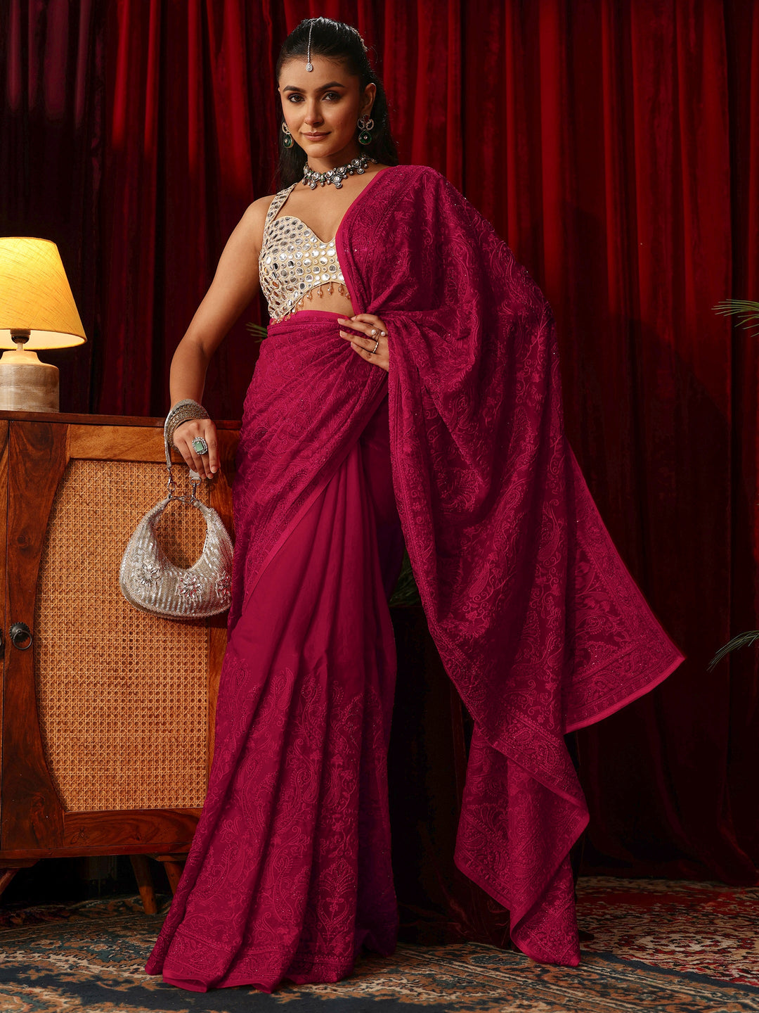  Libas Art Rose Pink Embroidered Tissue Saree with Stone Work 