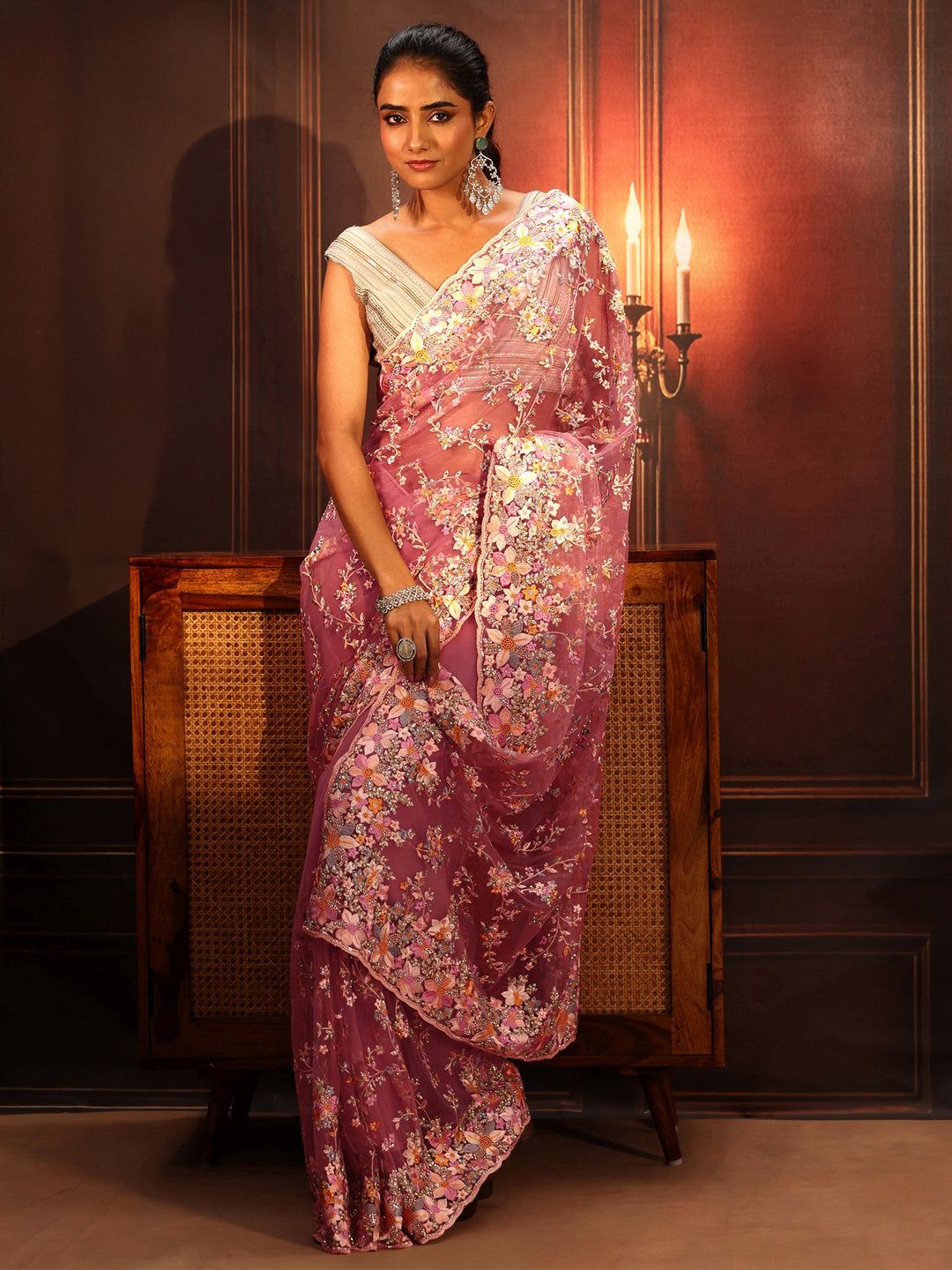  Libas Art Rose Pink Floral Embroidered Net Saree 
