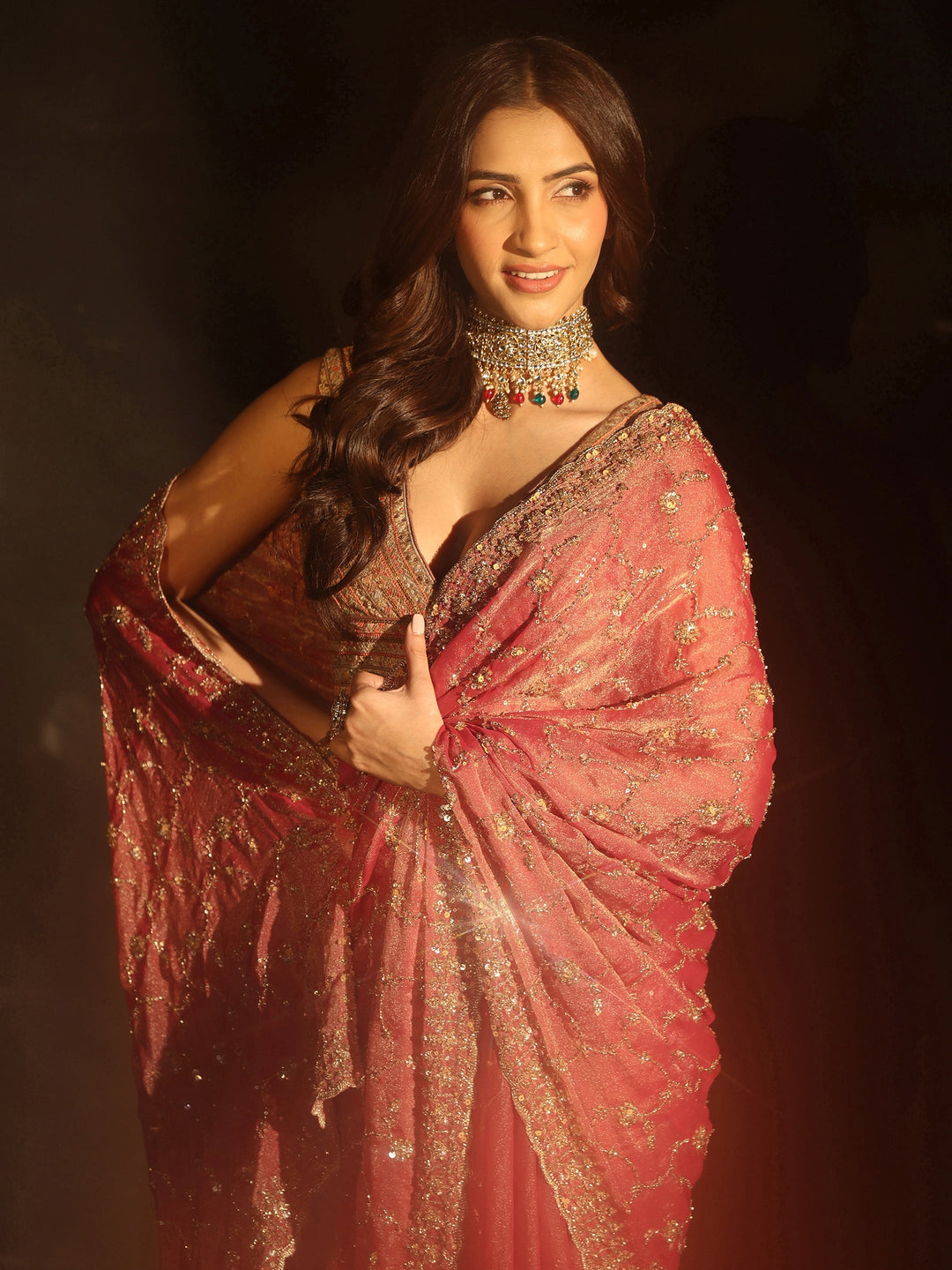  Libas Art Rose Pink Sequins Embellished Tissue Saree 