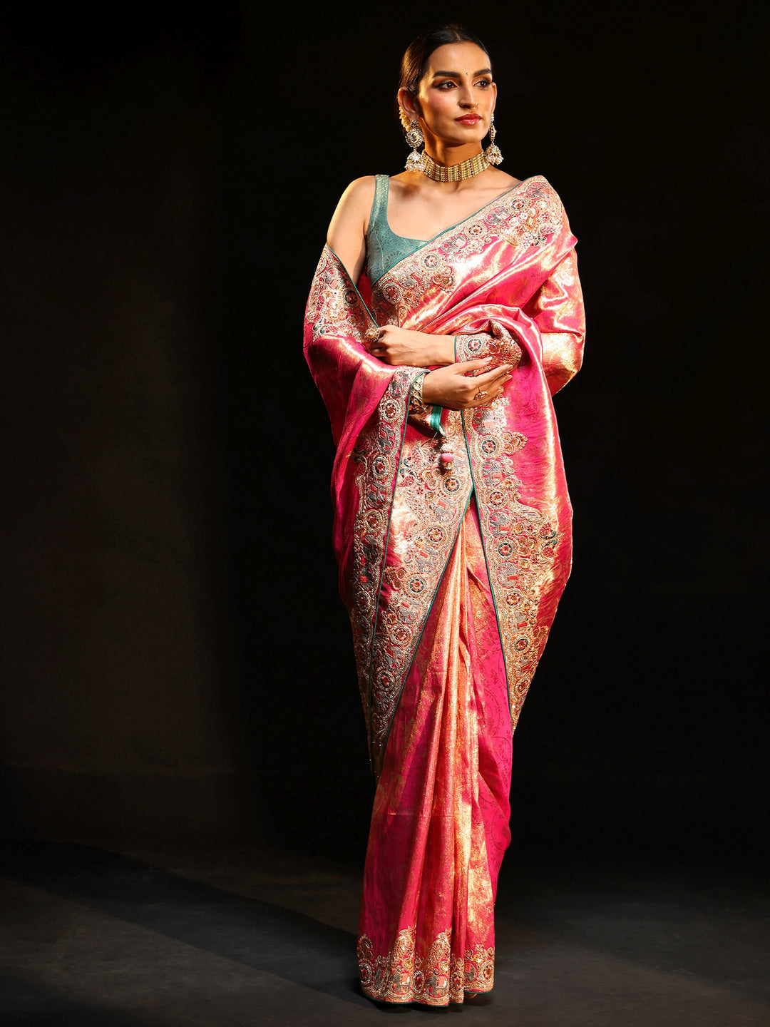  Libas Art Rose Pink Woven Design Saree with Embroidered Border 