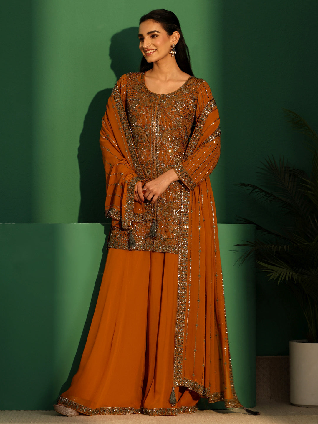  Libas Art Rust Brown Embellished Georgette Palazzo Suit Set 