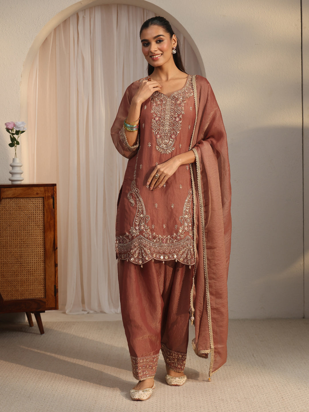  Libas Art Rust Brown Embellished Tissue Farshi Salwar Suit 