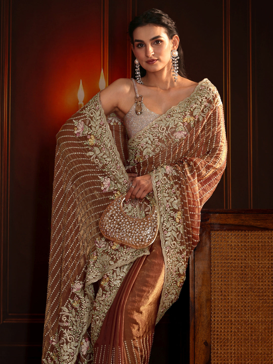  Libas Art Rust Brown Embellished Tissue Saree 