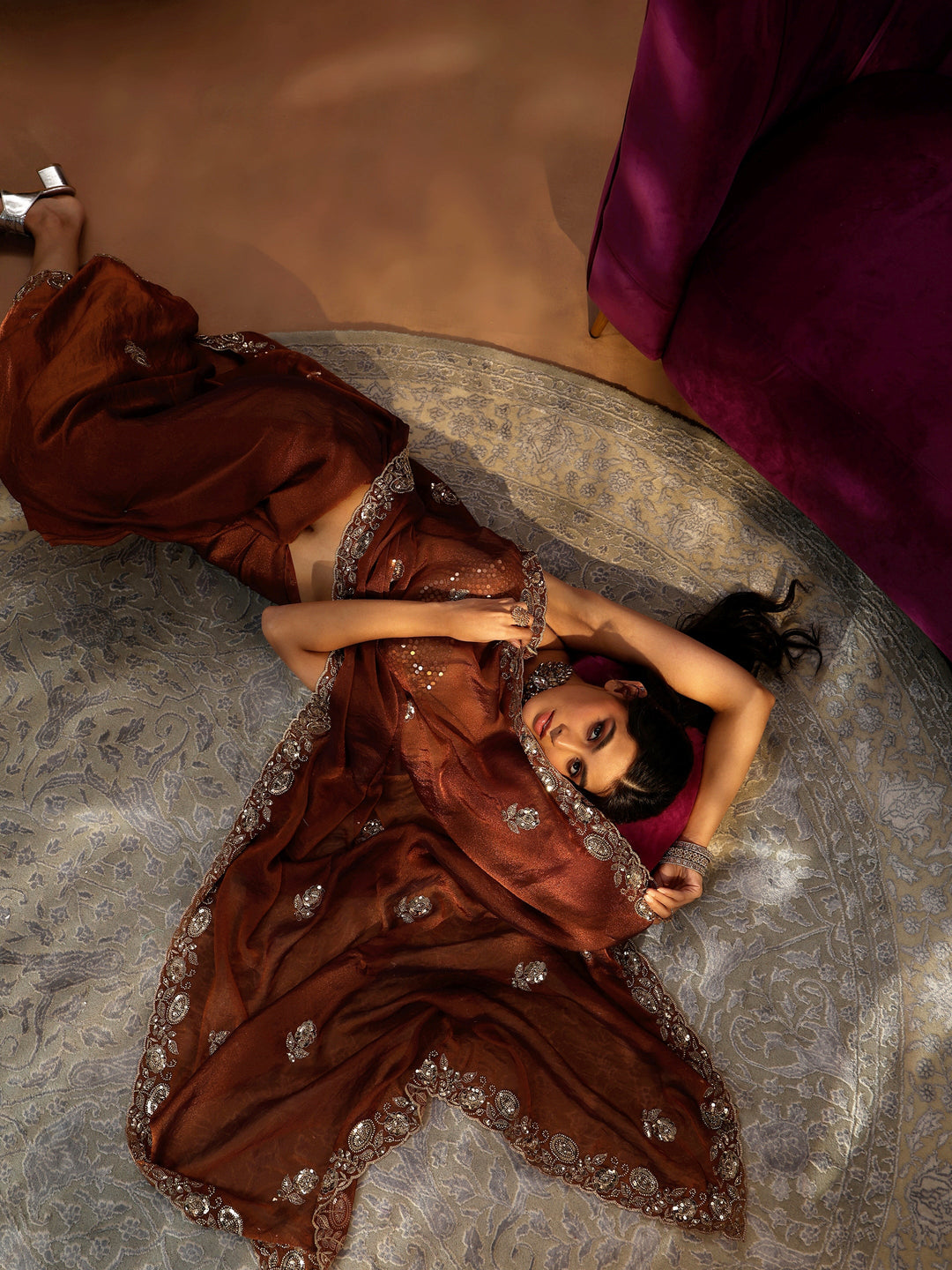  Libas Art Rust Brown Embellished Tissue Saree 