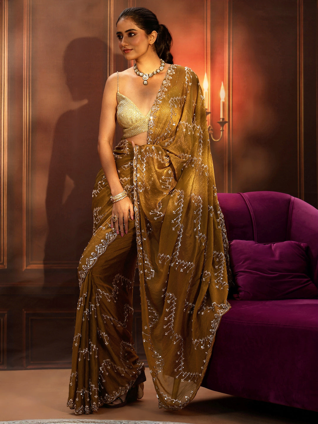  Libas Art Rust Brown Embellished Tissue Saree 