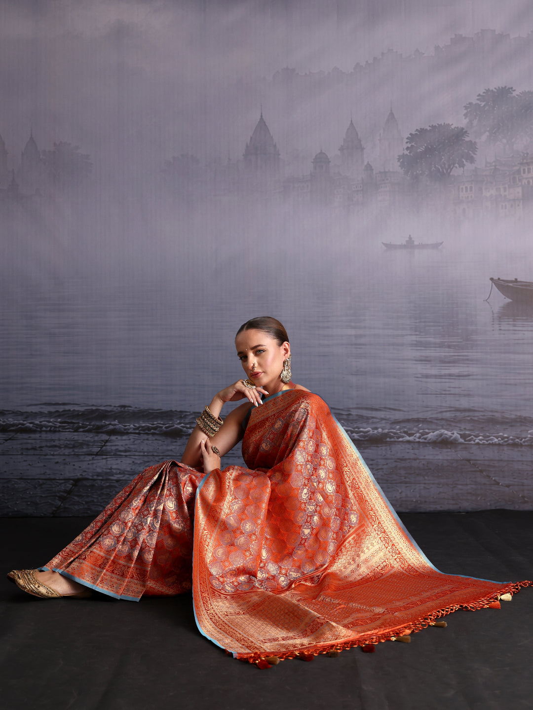  Libas Art Rust Orange Woven Design Silk Blend Saree 