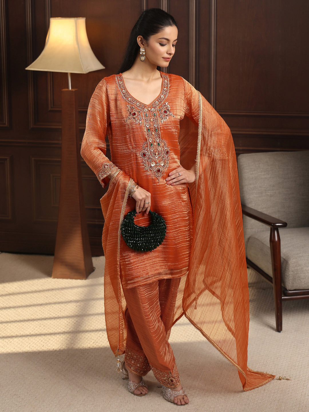 Libas Art Rust Red Yoke Design Embellished Tissue Farshi Salwar Suit