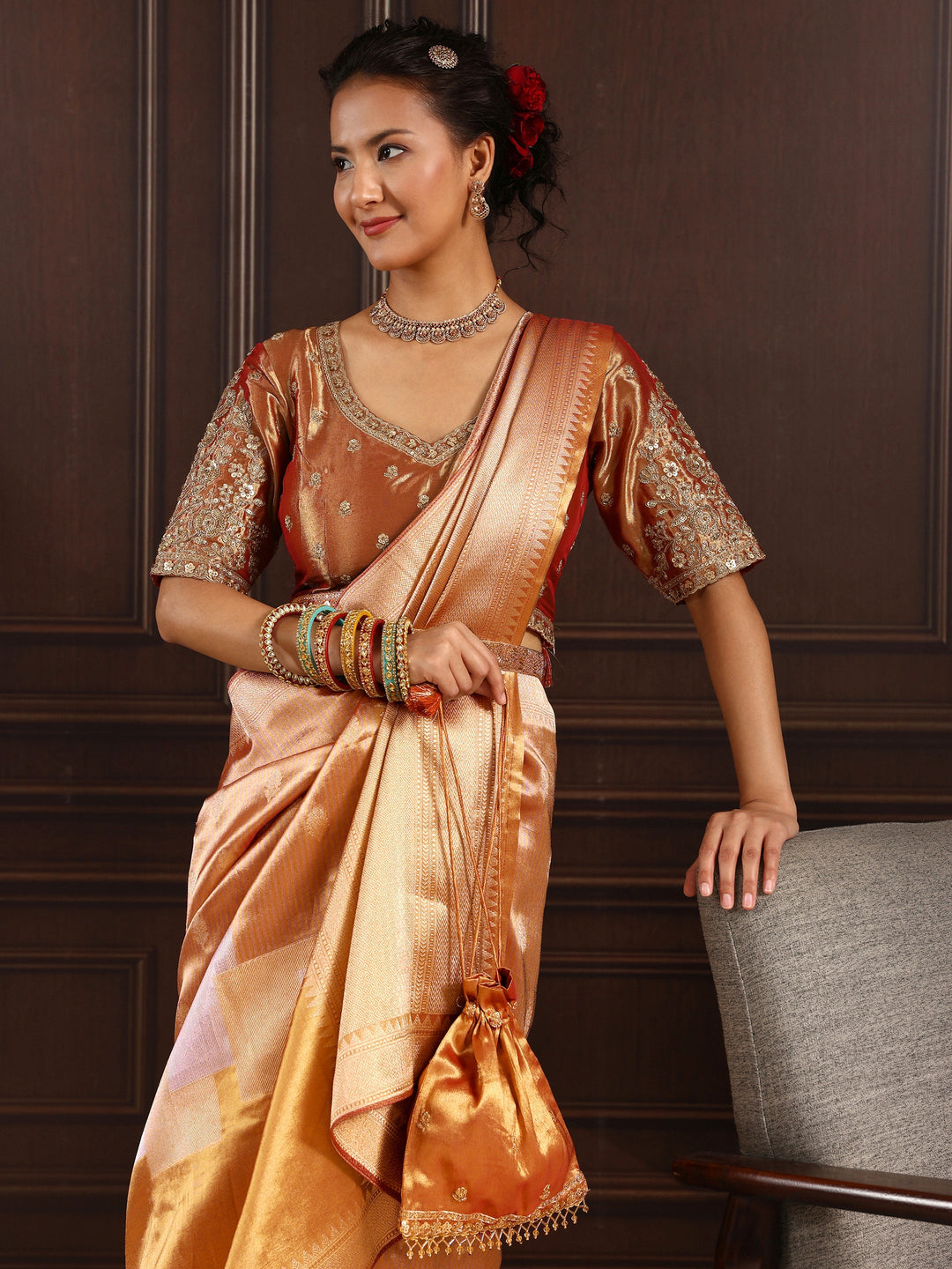  Libas Art Rust Woven Design Silk Blend Saree with Potli Bag 
