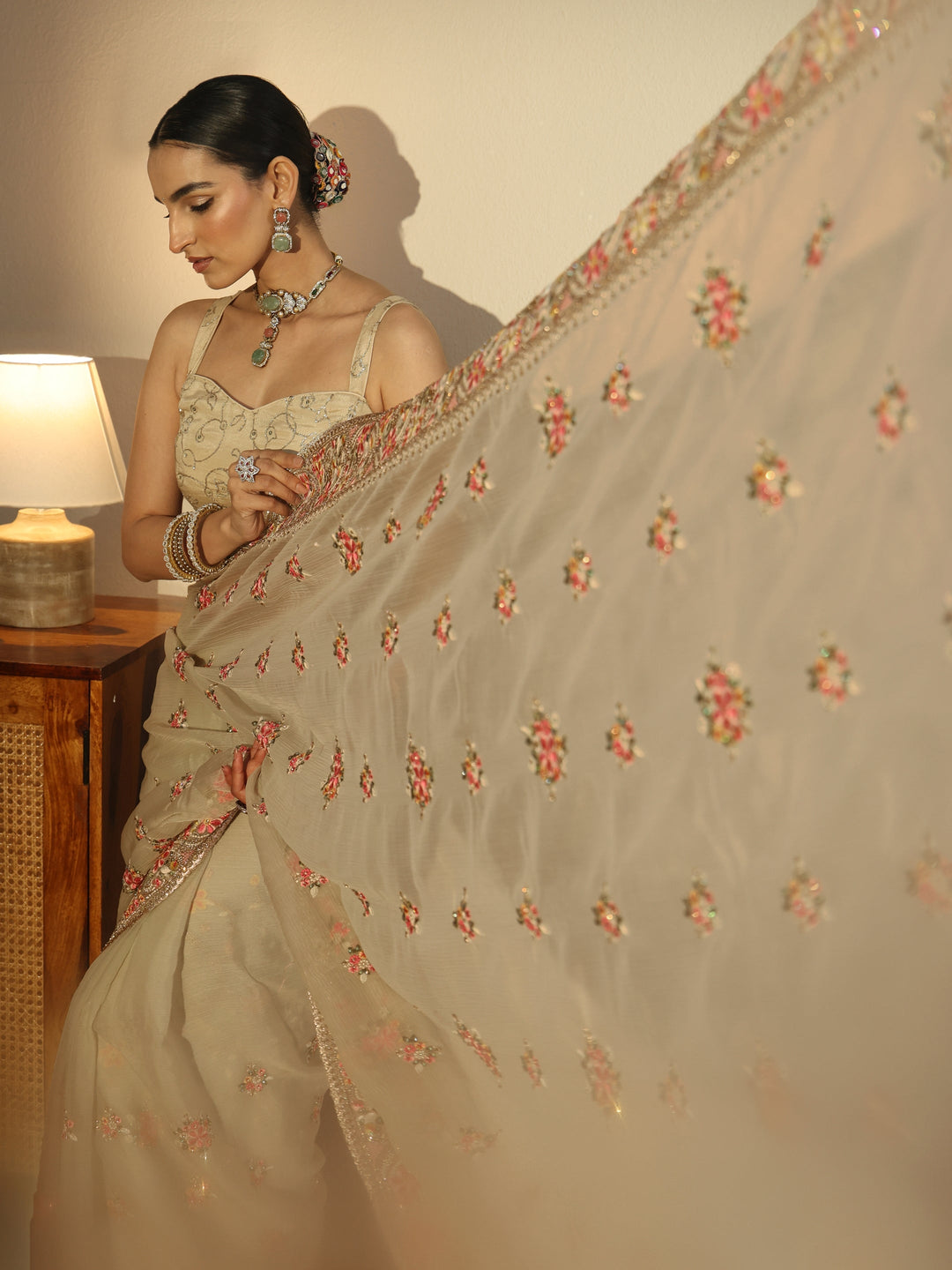  Libas Art Sage Green Embellished Tissue Saree 