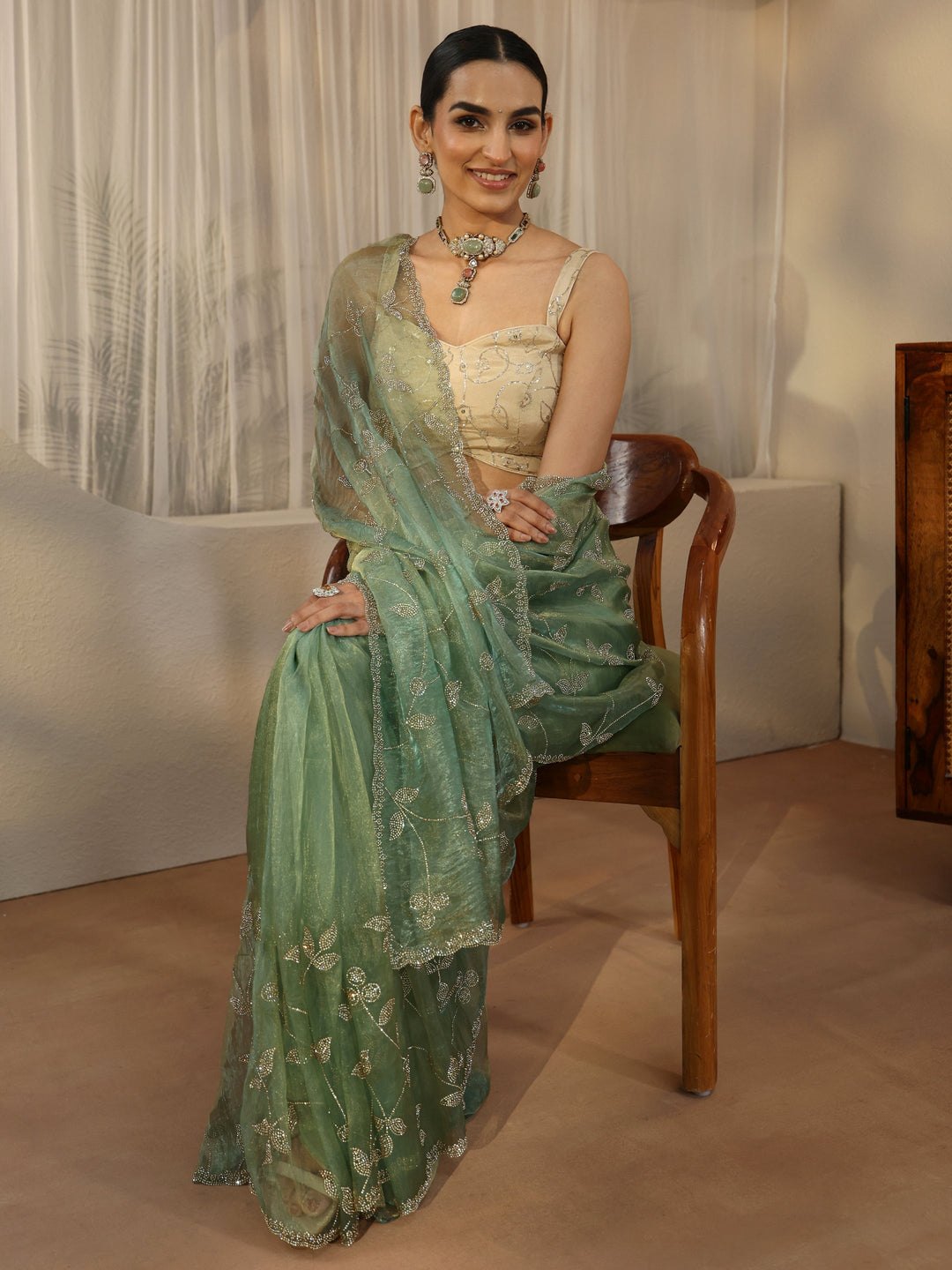  Libas Art Sage Green Floral Embellished Tissue Saree 