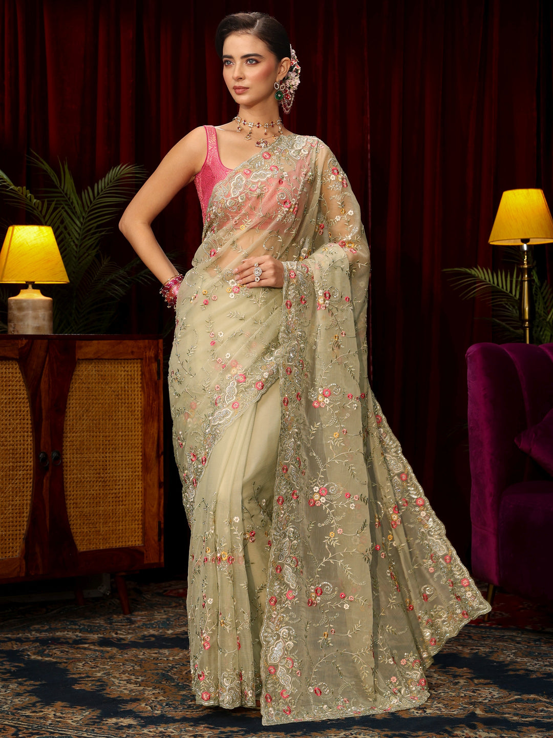  Libas Art Sage Green Floral Embroidered Organza Saree 