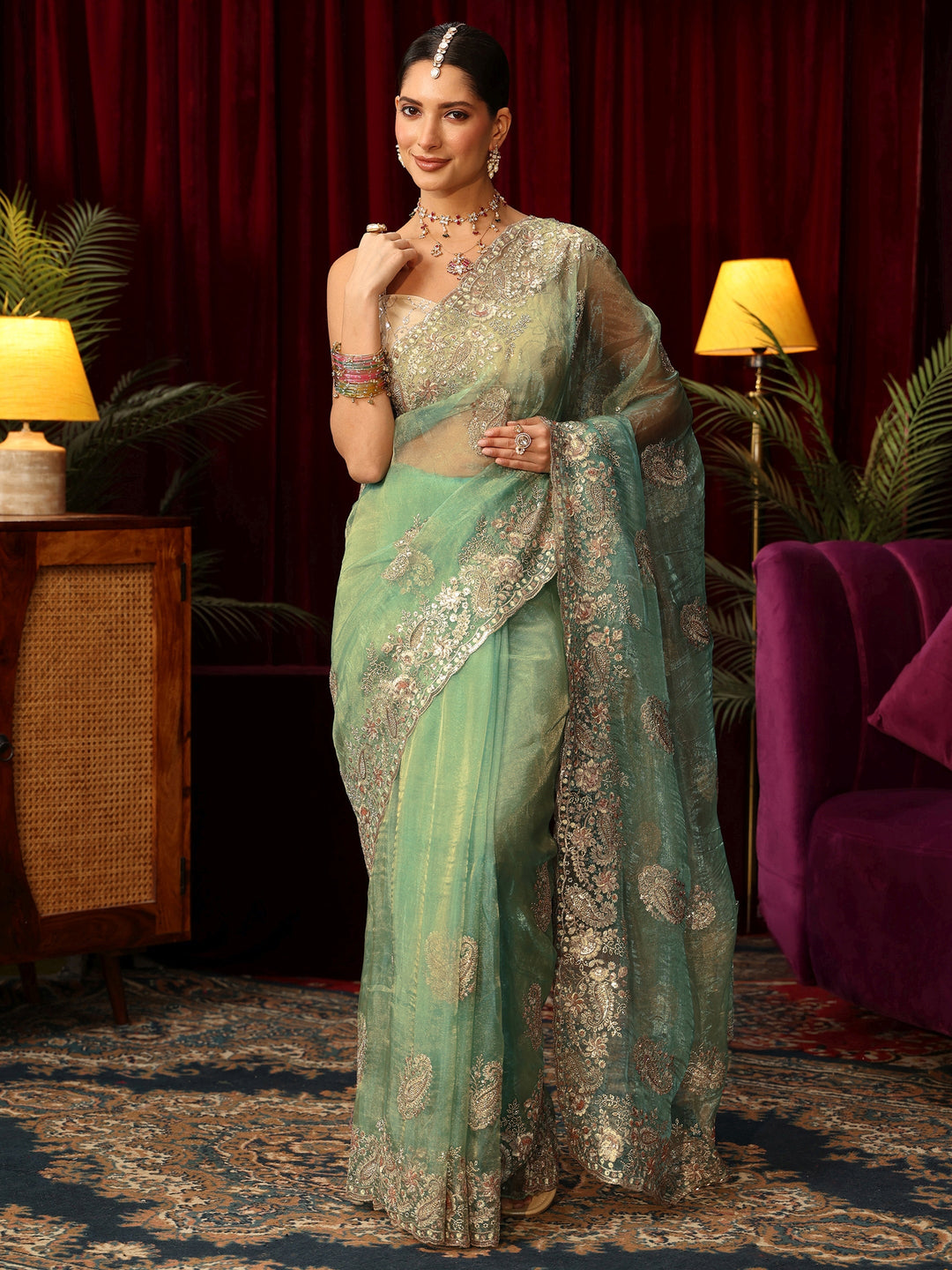  Libas Art Sage Green Paisley Embellished Tissue Saree 