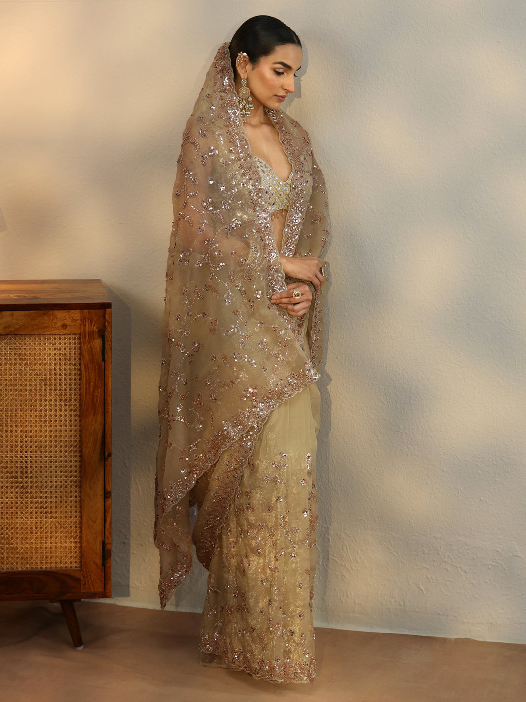  Libas Art Sage Green Sequin Embellished Tissue Saree 