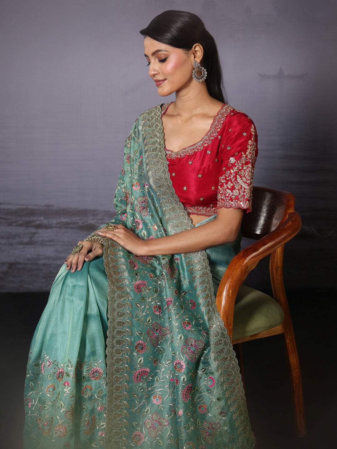  Libas Art Sea Green Floral Embroidered Stone Work Net Saree 