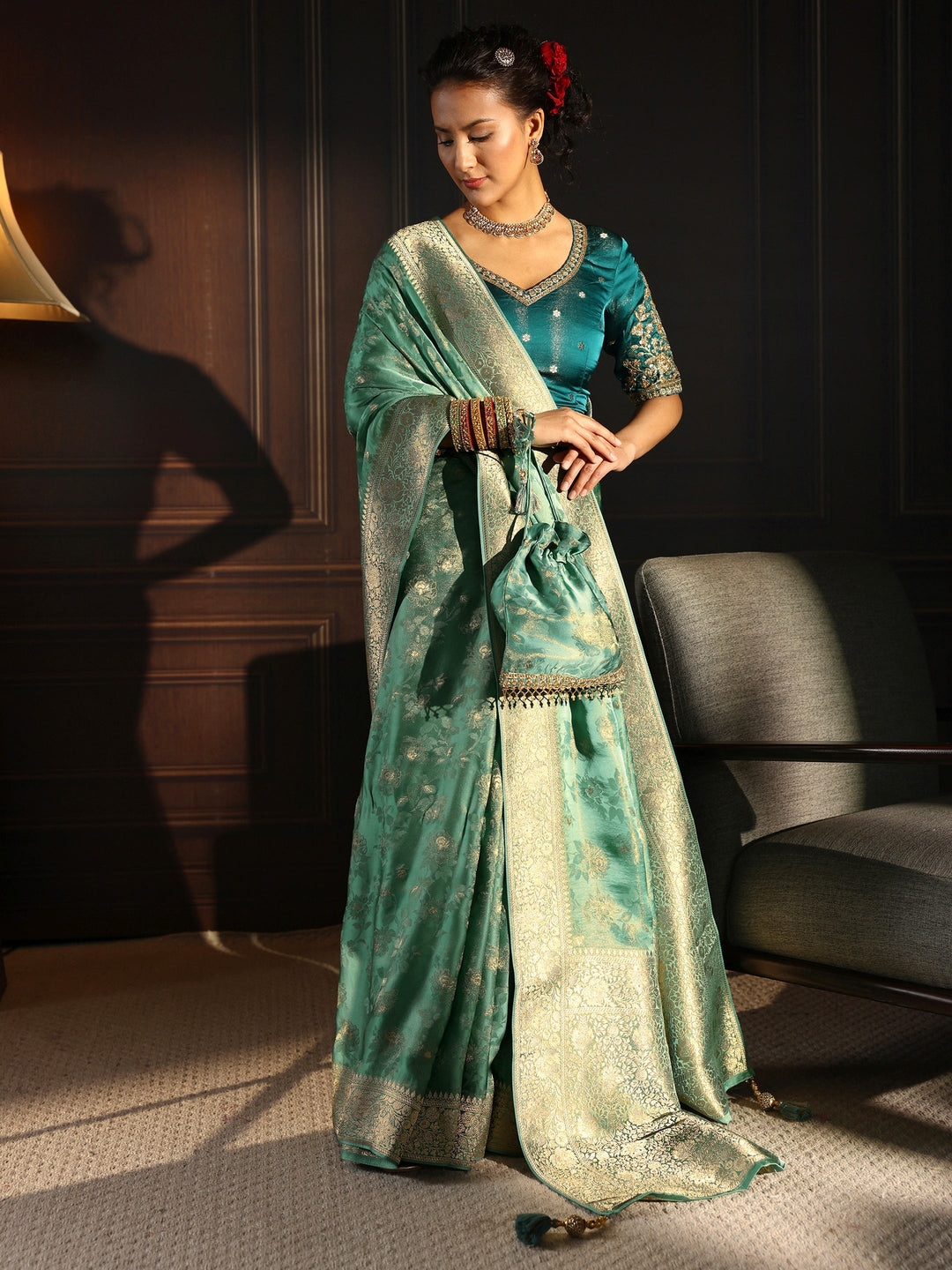 Libas Art Sea Green Floral Woven Design Silk Blend Saree with Potli Bag