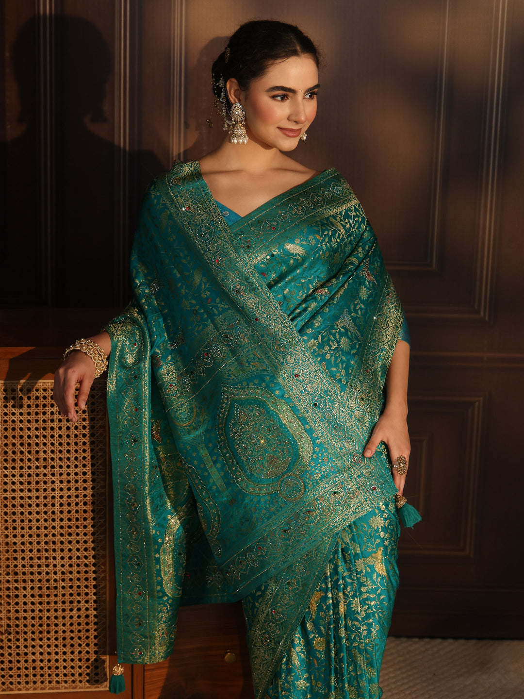  Libas Art Sea Green Floral Woven Design Silk Blend Saree with Stone Work 