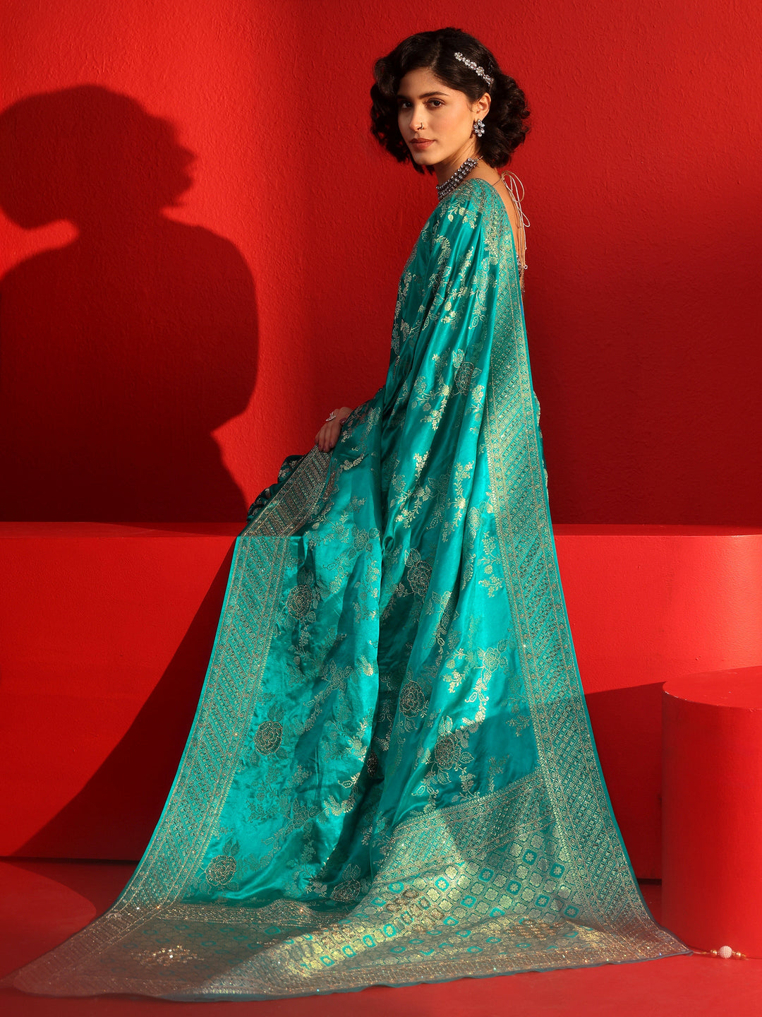  Libas Art Sea Green Woven Design Stone Work Satin Saree 