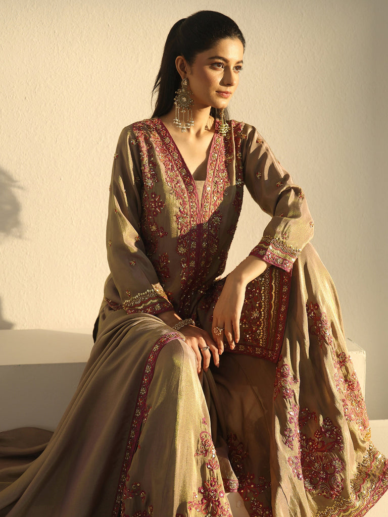 Libas Art Taupe Floral Embroidered Organza Palazzo Suit Set