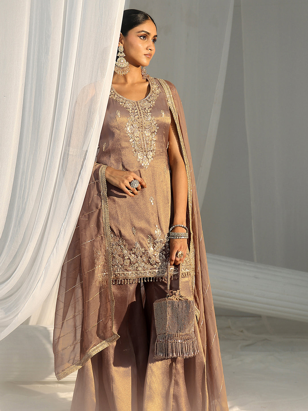  Libas Art Taupe Grey Embroidered Sleeveless Tissue Sharara Suit Set 