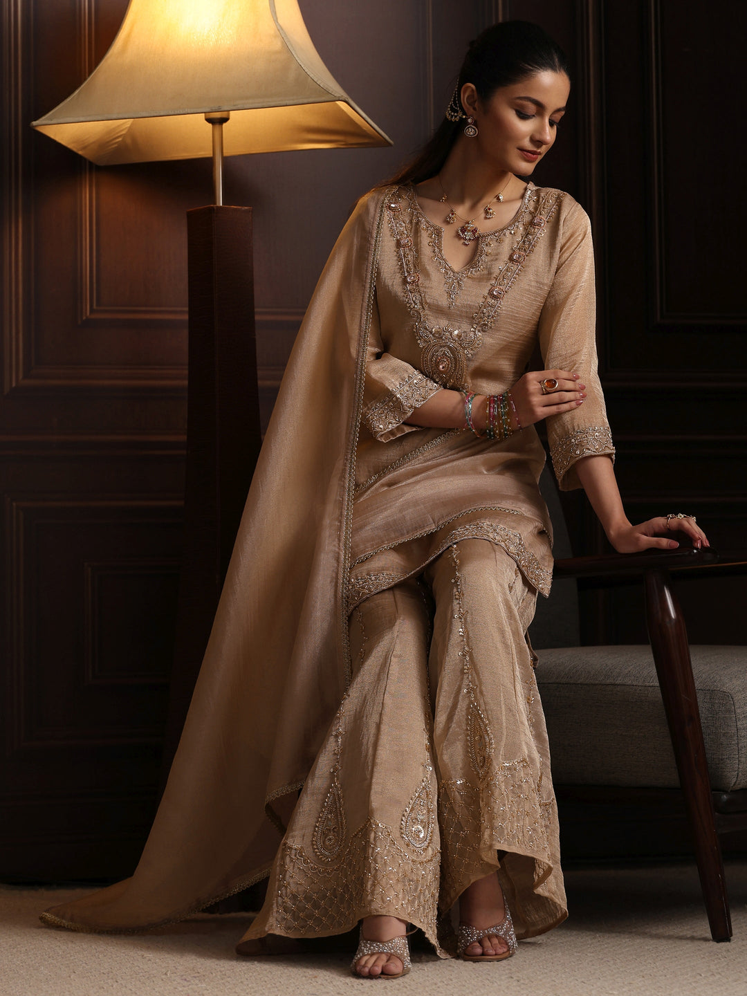 Libas Art Taupe Grey Yoke Design Embellished Tissue Sharara Suit Set