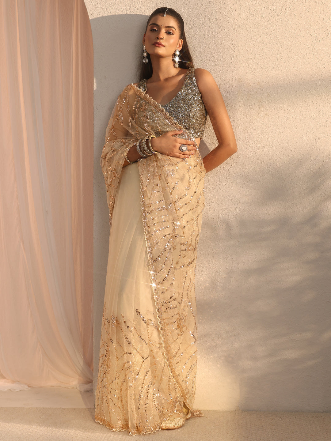  Libas Art Taupe Sequin Embellished Net Saree with Scalloped Border 