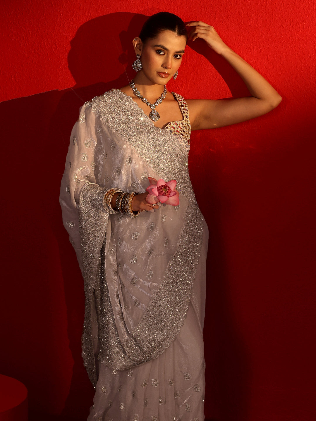  Libas Art Taupe Stone Work Embellished Tissue Saree 