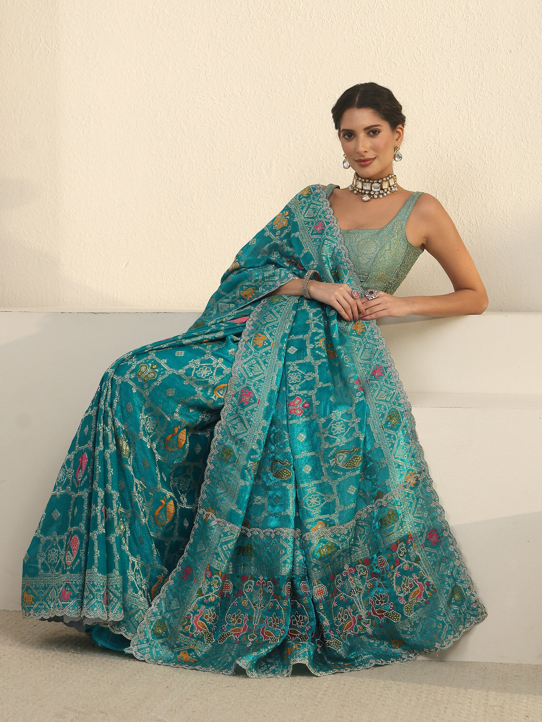 Libas Art Teal Blue Embellished Chiffon Saree